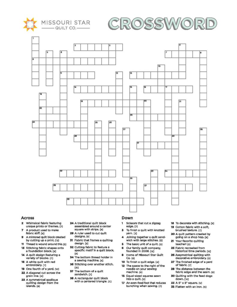 Enjoy this free Quilting Crossword Puzzle from Missouri Star Quilt Co!