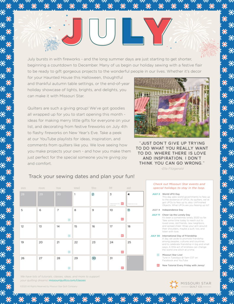 July 2020 Free Quilt Planner Download
